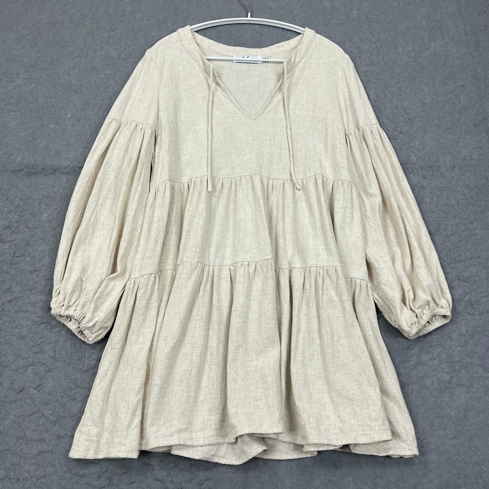 PETAL + PUP Dress Women's 8 Ivory 100% Linen Tie Peasant Puff Sleeve Cottagecore
